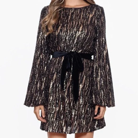 Betsy & Adam | Dresses | Nwt Adam Velvet Tie Short Long Sleeve Sequin Dress  | Poshmark